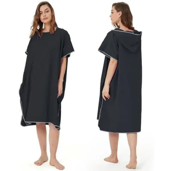 Badehåndklæde i mikrofiber med hætte, surfponcho, hurtigtørrende og let badehåndklæde til mænd, sort