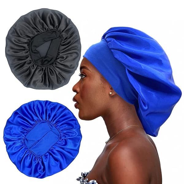 2 stk. Stor Satin Bonnet, Silke Bonnet Hårindpakning til Sovning, Sovehætte med Elastisk Blødt Bånd (sort, Kongeblå)