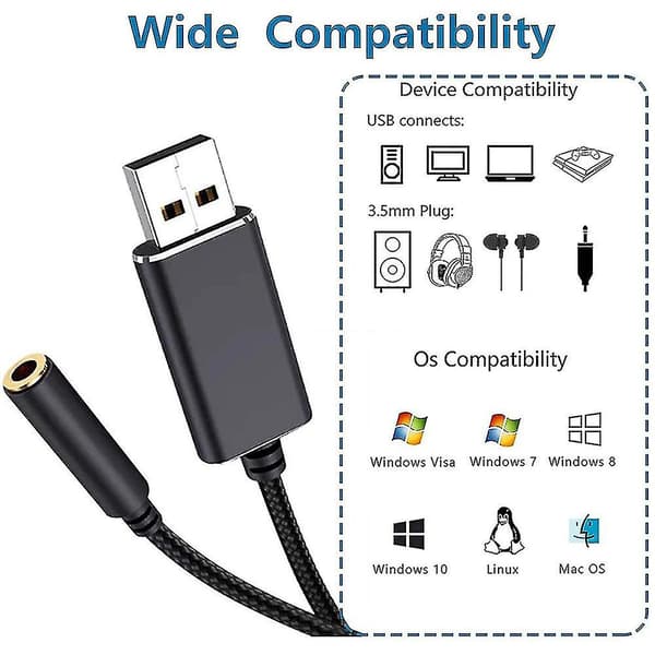 USB Lydadapter til 3,5 mm Audio Jack Adapter, USB Eksternt Lydkort Lydadapter for PC Laptop H