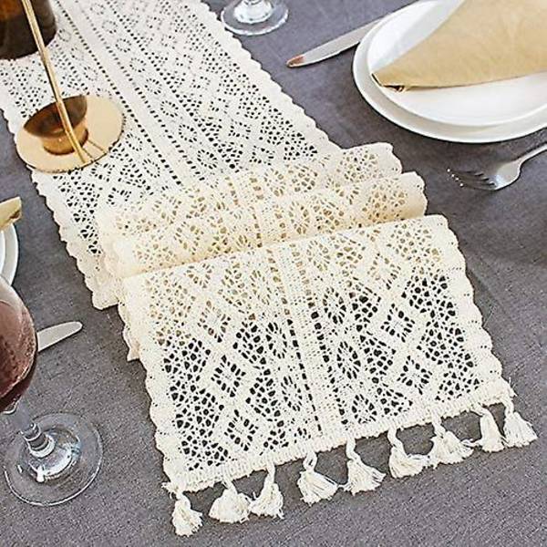 24 cm x 180 cm Beige Macrame Bordløber Rektangulær Hæklet Blonde Elegant Hul Mesh Dug Til Rustik Boho Bryllupsdekoration Brude- & Baby Shower