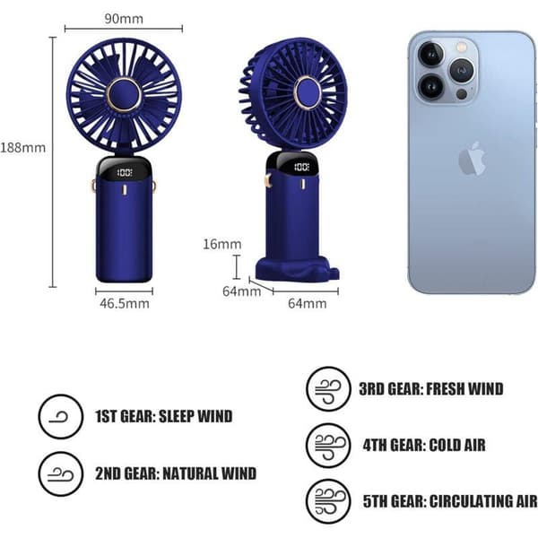 USB genopladelig bærbar ventilator med 5 hastigheder. Mini sammenklappelig bordventilator med LED-display (blå).