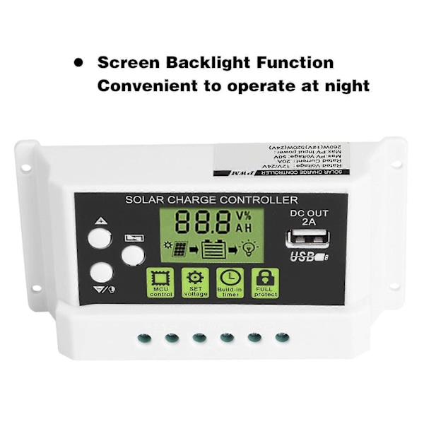 PWM Älykäs Aurinkolataussäädin LCD-näytöllä USB-ulostulolla 12V 24V 10A (KYZ-20A)