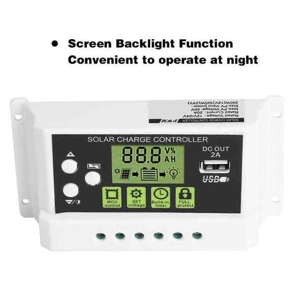 PWM Intelligent Solar Charge Controller Regulator LCD Display USB-udgang 12V 24V 10A (KYZ-20A)