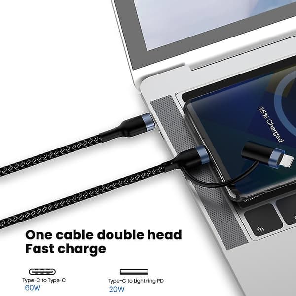 2-i-1 1m 60W PD USB-C til Type-C/Lightning Hurtigopladningskabel til iPhone Macbook Xiaomi