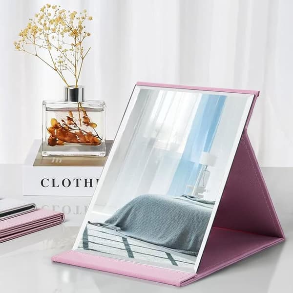 Portable Folding Makeup Mirror with Multi-Angle Adjustments and PU Leather Case - 21x15cm (Pink) for Home and Travel