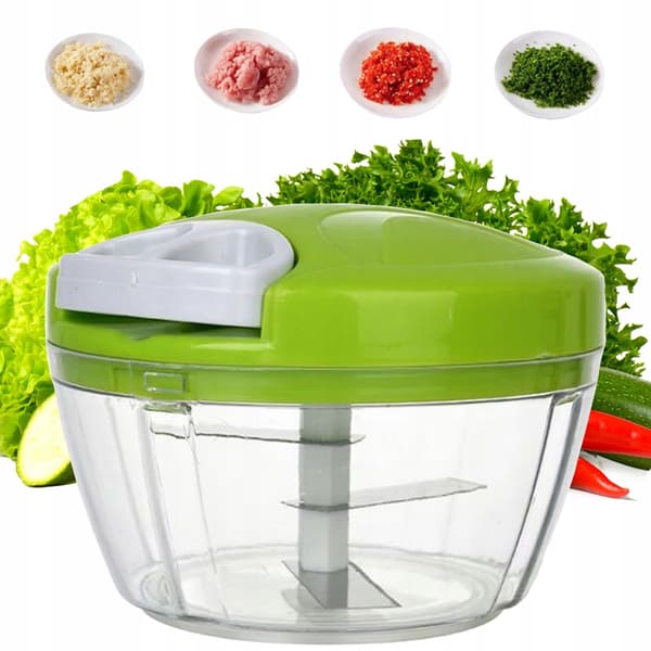Green Handheld Vegetable Chopper - Compact Onion & Garlic Chopper with Pull Cord, 3 Blades and Non-Slip Base