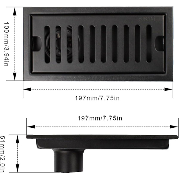 Dusjrist, 20 x 10 cm Rektangulær Gulvrist, Dusjrist, Svart Gulvrist med Rustfritt Stålrist, Egnet for Toalett, Bad, Kjøkken