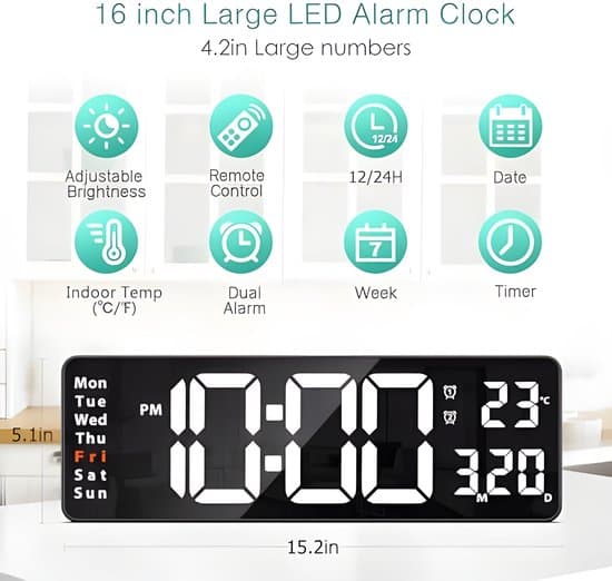 40 cm (16 inch) LED Digital Wall Clock with Remote Control, Large Screen, 2 Alarms, Adjustable Brightness, Timer, Time/Date/Temperature Display