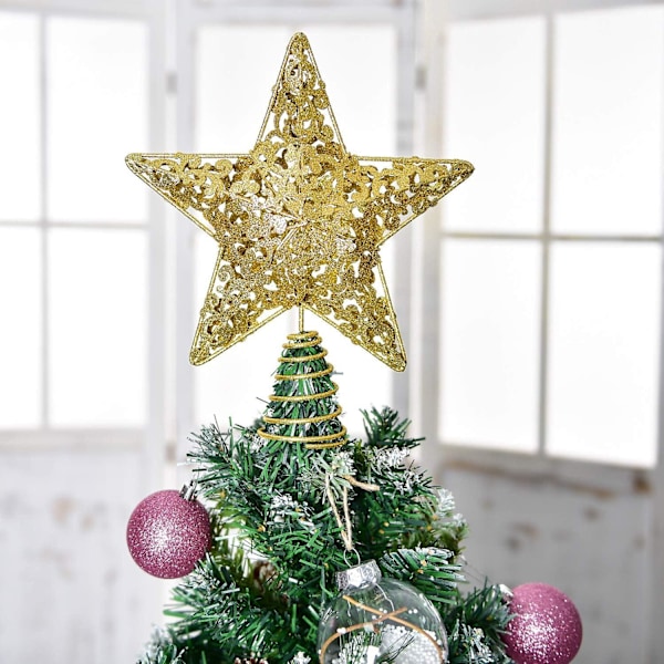 10,7 tum Guld Julstjärna Topp, Metall Glittrig Julgrans Topp Stjärna Topp Dekoration För Jul