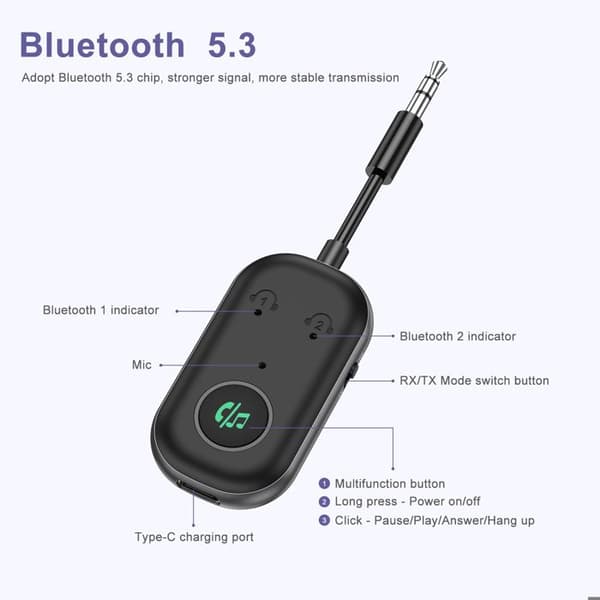 Bluetooth-sender/-mottaker - BT5.3 - Bluetooth 5.3 - Dobbel tilkobling - 3,5 mm jack