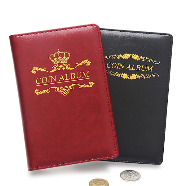 Myntbog Souvenirer - Læder, 15,8*10,5 cm, 120 rum, 3*3 cm/rum, rød/sort, 2 stk
