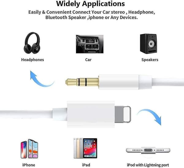 Aux-kabel kompatibel med iPhone, Lightning til 3,5 mm Aux lydkabel til bil