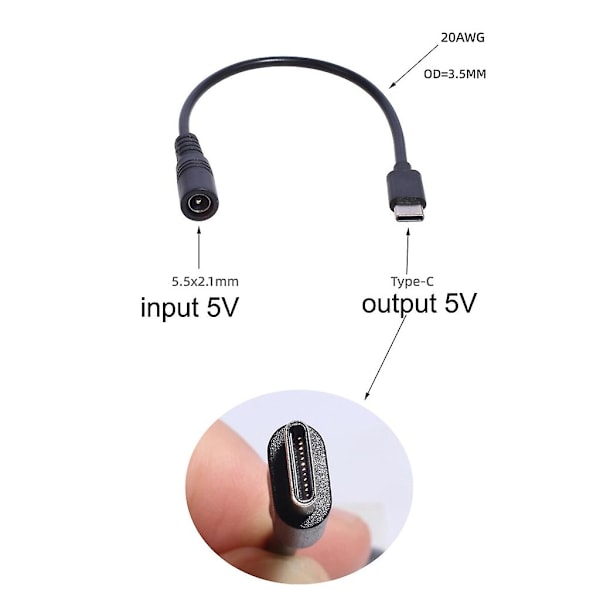 Type-C til DC strømledning 5V DC 5,5 x 2,1 mm hunn til USB C plugg ladekabel