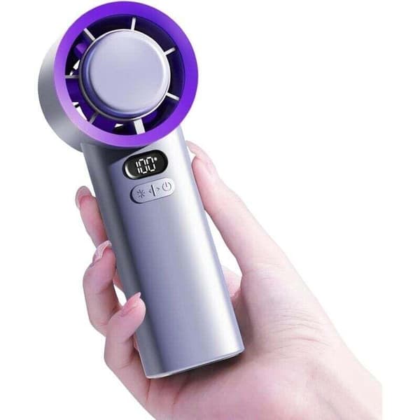 Bærbar ventilator med USB-interface. Lydløs. Minibatteri. Optimal ydeevne. Grå-lilla farve.