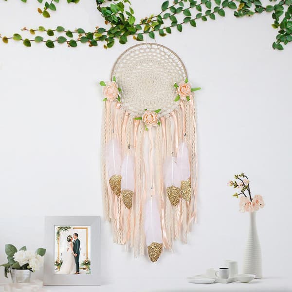 Vävda blomfjädrar drömfångare Boho Macrame hängande drömfångare DIY vind väggkonst bröllopsdekoration