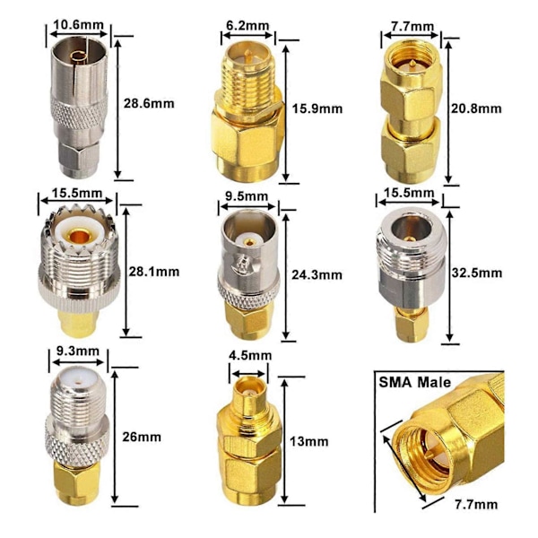 16 Type SMA-kontakter SMA-adaptersett SMA til MCX/TV/F/N/BNC/UHF/RP-SMA Rett Type Nikkel Gull P