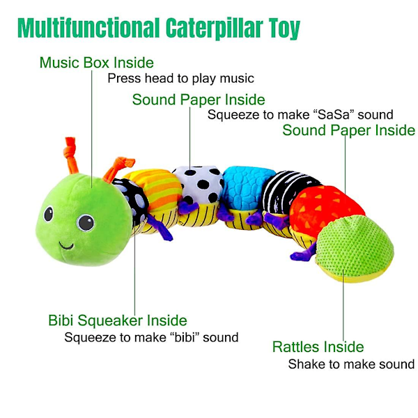 Musikalisk Caterpillar Baby Leksak, Flerfärgad Sensorisk Plyschdjur med Knaster, Mjuka Leksaker med Linjaldesign, Klockor och Rassel för Magetid Spädbarn Nyfödd
