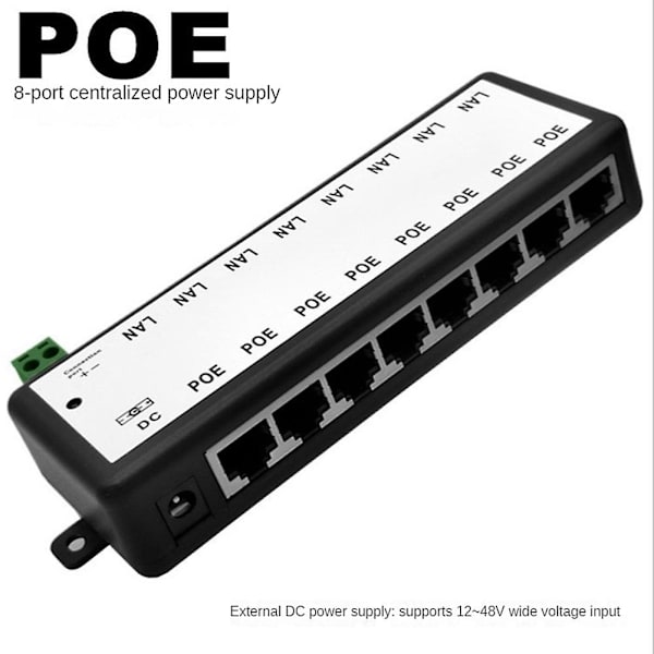 Poe-injektori 8 porttia Poe-virtalähde Ethernet-virtalähde Cctv-verkolle Poe-kameralle Power Over
