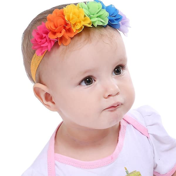 Regnbueblomster Hodebånd for Baby 2-pakning Elastisk Blomsterhodeband i Regnbuefarger