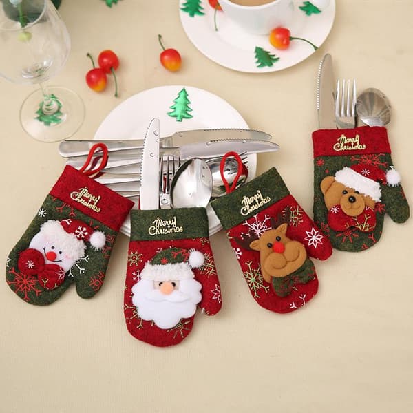 Juldekorationsset om 4 delar - Restaurangbordsdekorationer - Bestickset - Presentpåse - Julhandskar