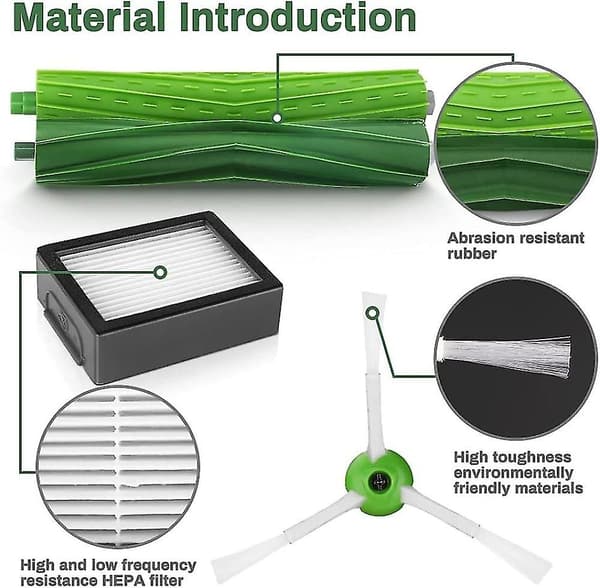 Reservedele Kompatible med Roomba I7 I7 + / I7 Plus E5 E6 E7, Robot Reservedele Tilbehør med 3 Filtre, 3 Sidebørster, 1 Hovedbørste