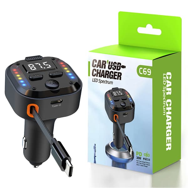 Dual Type-C FM Transmitter & Fast Car Charger – Bluetooth 5.3, PD 30W + QC 3.0, RGB Light & Built-in Cable