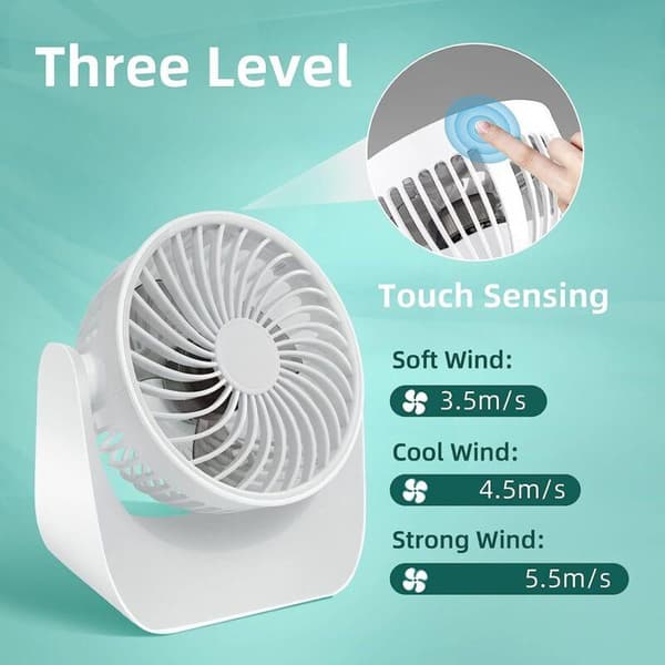 Miniskrivebordsventilator med tre hastigheder. 360° rotation, højtydende bærbar skrivebordsventilator.