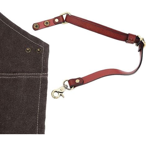 Neutral grått denimförkläde med läderrem, skyddsförkläde med fickor, storlek M