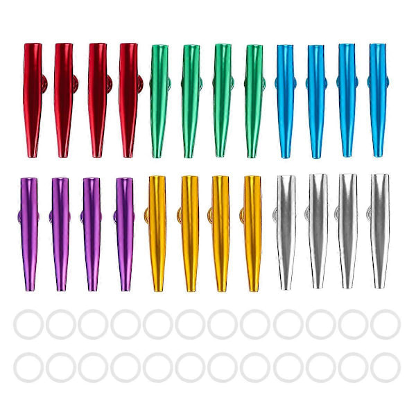 24 kpl metallisia kazoja ja 24 kpl kazoo-huilukalvoja, 6 väriä, hyvä kumppani ukulelle, viululle,