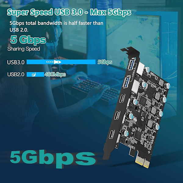 PCIe-laajennuskortti 5 porttiin (3X USB C, 2X USB 3.0-A) PCI-laajennuskortti /8/7 ja OS 10.8.2 -käyttöjärjestelmille