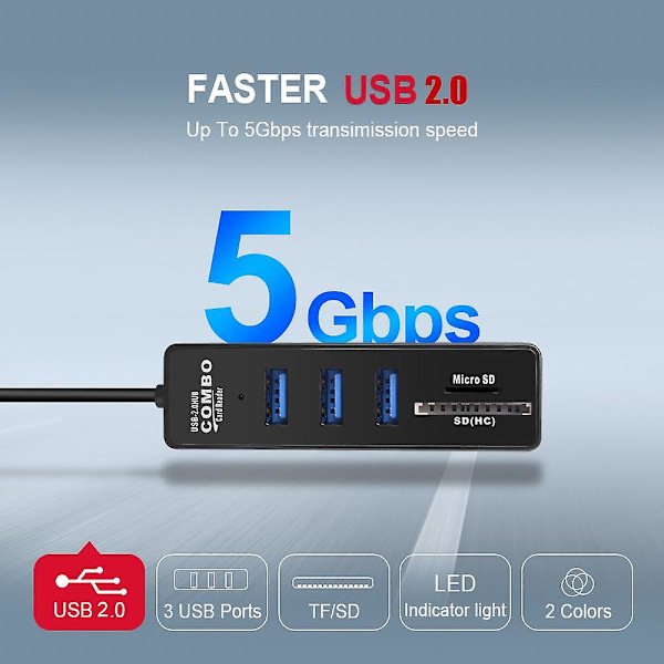 2-i-1 Combo Super Speed USB 2.0 3-ports Splitter HUB + TF SD Kortläsare för Windows för Mac