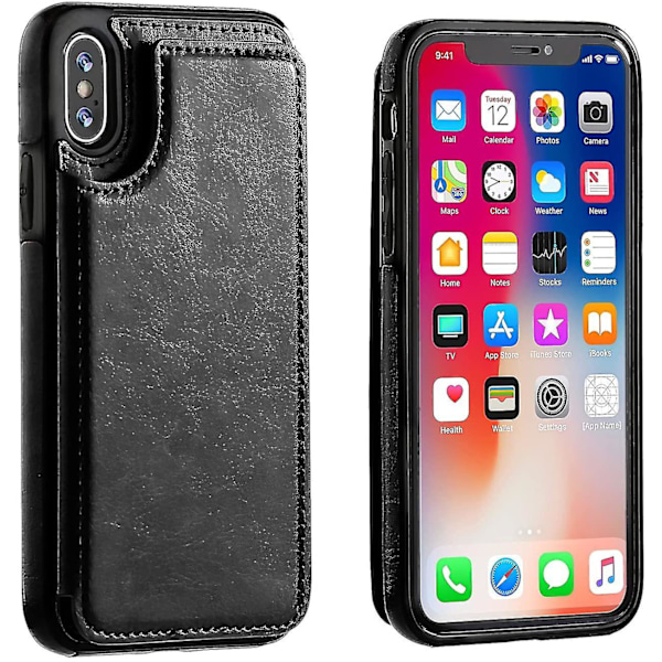 Iphone Xs Iphone X Lommebok Etui Med Kortholder, Dobbel Magnetisk Lås - Svart