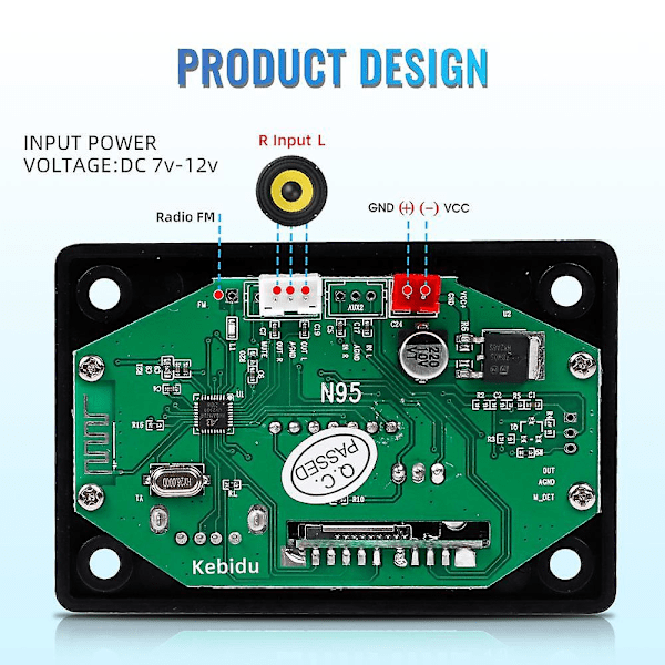 DC 12V Bluetooth 5.0 Dekoderkort Bil MP3-spiller Kan Ta Opp Mikrofon Lydforsterker for Høyttalermodifisering Støtte FM TF SD USB AUX