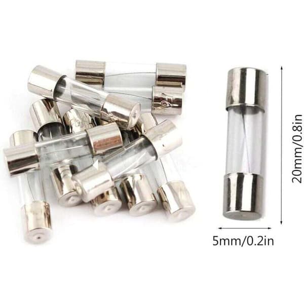 100 lasisulaketta 5x20mm laatikossa. Sulakekoot: 0.2A - 20A