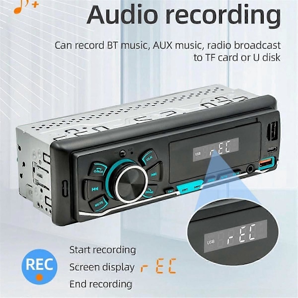Bilradio MP3-spelare Bluetooth Bil FM-radio, Typ-C Dubbel USB, TF, AUX, Röstassistent, Bils ljudsystem inspelningspelare