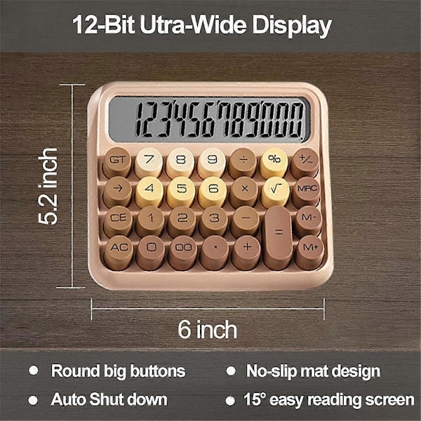 Datorbordsräknare med 12 siffror, söt design med mekaniska switchar, stor LCD-skärm med stora knappar, brun gradient
