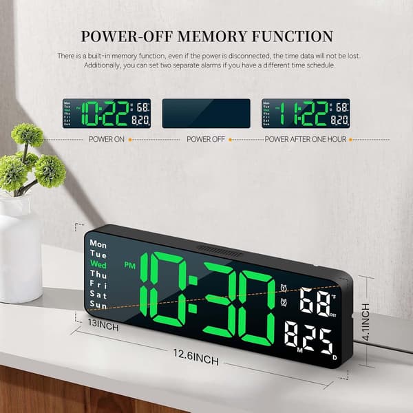 Digital Clock, Decorative Digital Wall Clock for Living Room, Desk Alarm Clock for Bedroom, Large Wall Clock with Remote Control, Green