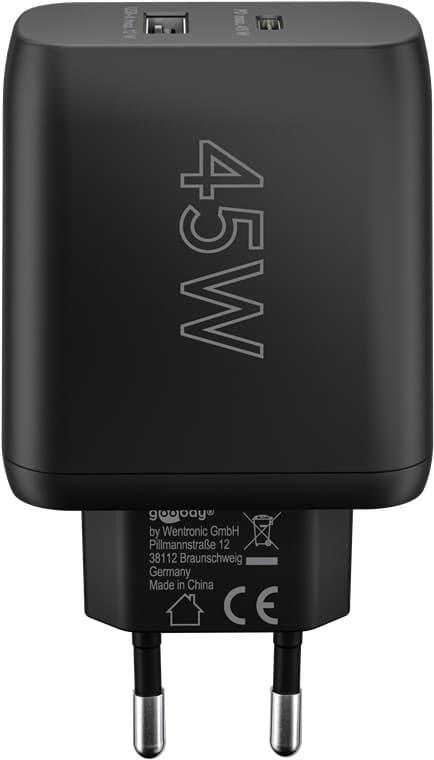USB-C™ PD GaN dobbelt hurtigoplader (45 W) sort