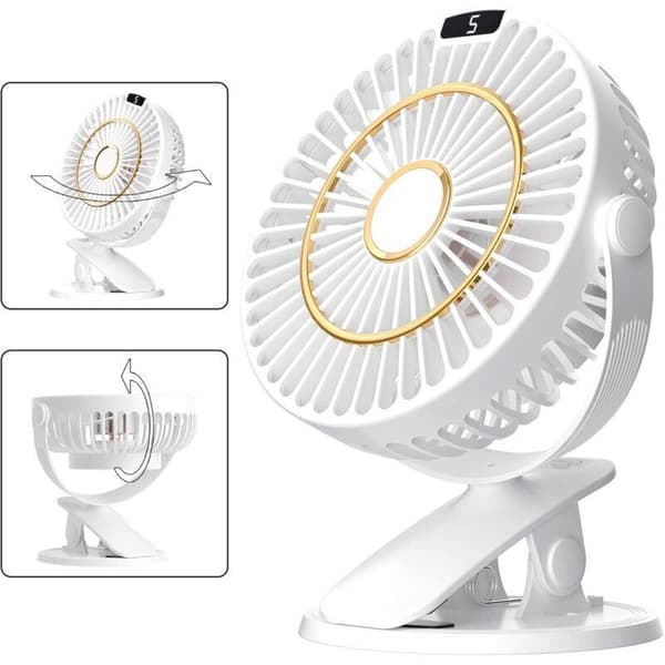 Miniskrivebordsventilator med klips. 5 blæserhastigheder. 720° rotation, genopladelig, med LCD-skærm.