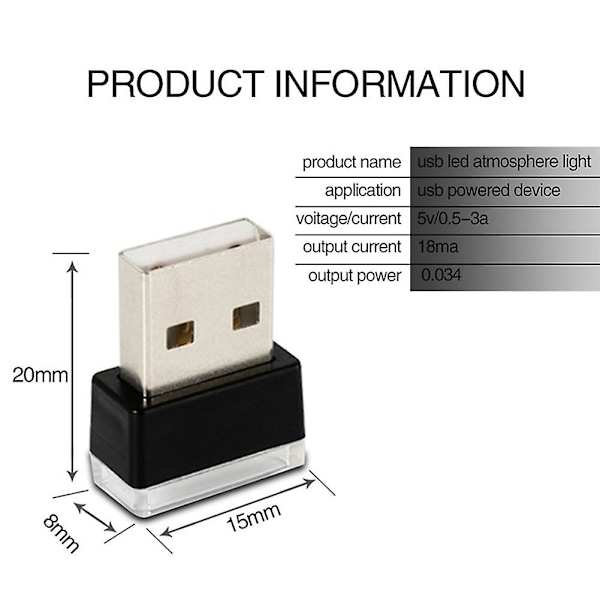 7 stk. Mini USB Lys LED Modelbil Ambient Lys Neon Interiør Lys Bil Smykker USB Natlys (7 Farver)