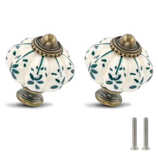 Ivory White and Green Pumpkin Knobs 2-pack Porcelain Knobs Vintage Drawer Pulls - Antique Drawer Handles with Screws - Green Flower