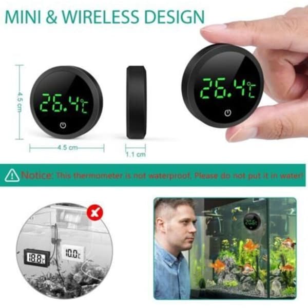 Højpræcisions (0,1°C) LCD digitalt akvarietermometer med touch-knapper og udskifteligt batteri – Sort