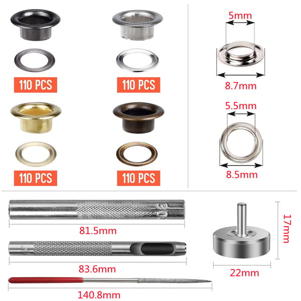 Eyelet Grommet Tool Kit med 440 sett 5 mm metallmaljer