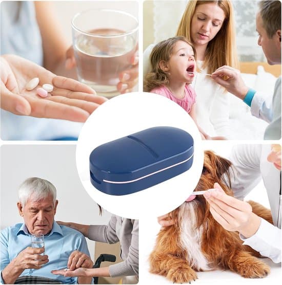 Pill splitter, V-shaped design for various pill sizes, precise cutting, compact with storage compartment, blue