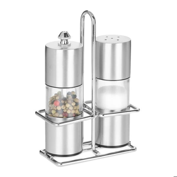 Keramisk salt- og pepperkvernsett, 2 deler, rustfritt stål, med stativ, salt og pepper, sølv