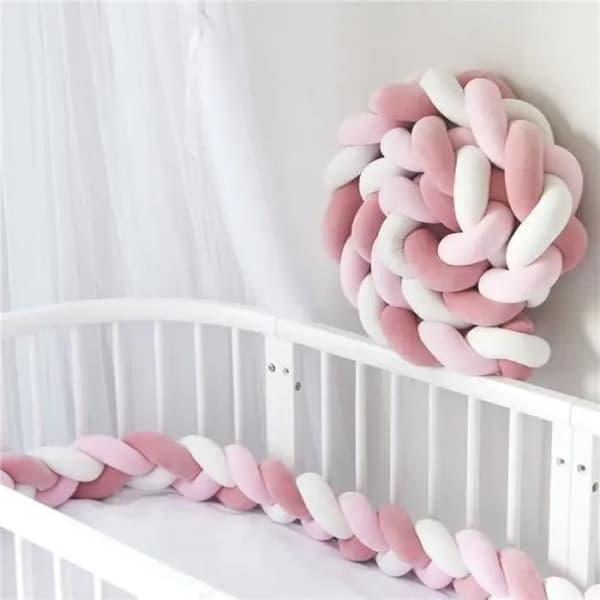 2M Spjälsängsskydd Flätad Kudde Sammetsskydd Babyskydd - Vit+Rosa+Rosa