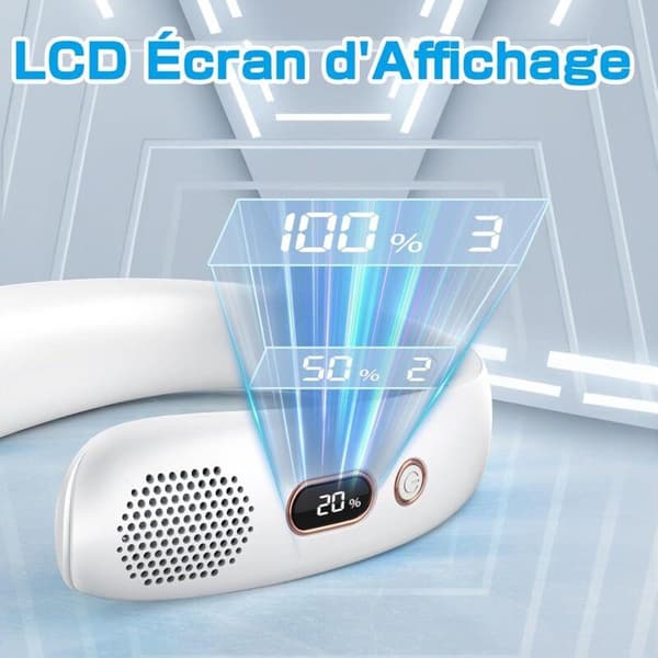 Bærbar halsventilator. Tre blæserhastigheder, bladløs. USB-interface med hvid LED-strømindikator.