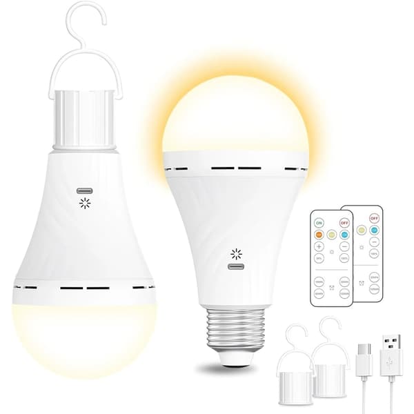 Two LED Bulbs, USB Rechargeable, with Remote Control and Timer, E26 Base, with Hook, Suitable for Table Lamps, Ceiling Lamps, and Night Lights.