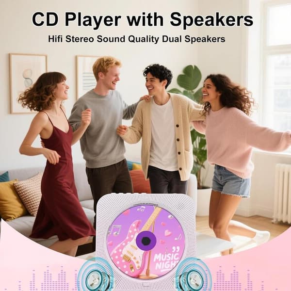 Portable CD Player, Rechargeable, Portable, 2000Mah, Pink, For Home Use, Portable CD Player with Bluetooth 5.3 Transmitter