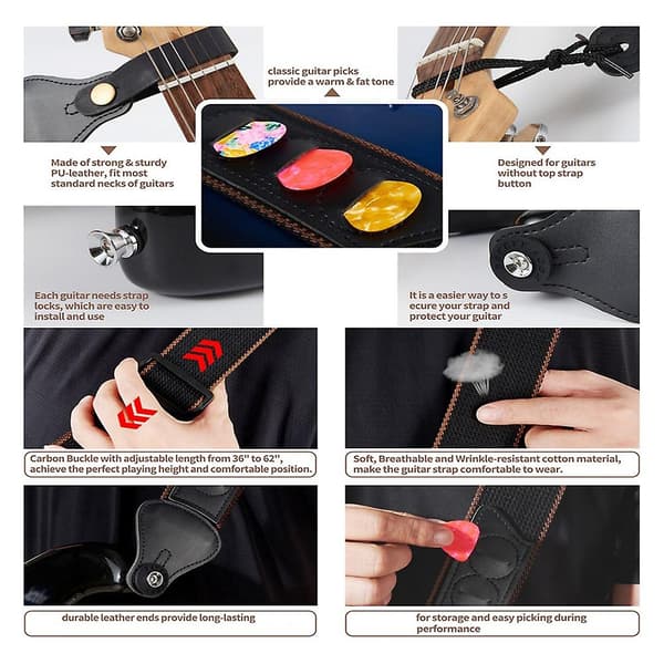 Folk Guitar, El-guitar, Bas, Ren Bomuldsrem med Hovedplade Pick - Sort